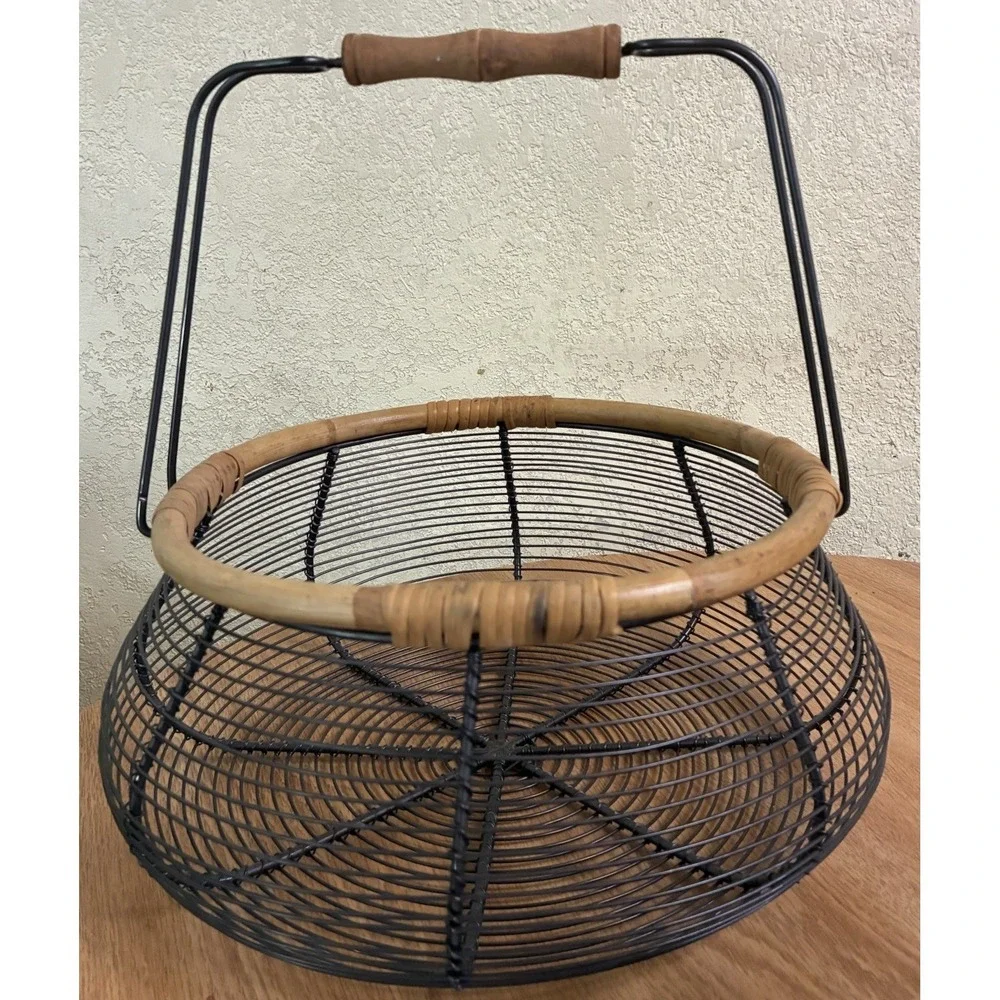 Vintage Wire‎ Basket French Style Bamboo Edge Wood Handle Eggs Fruit Vegetables